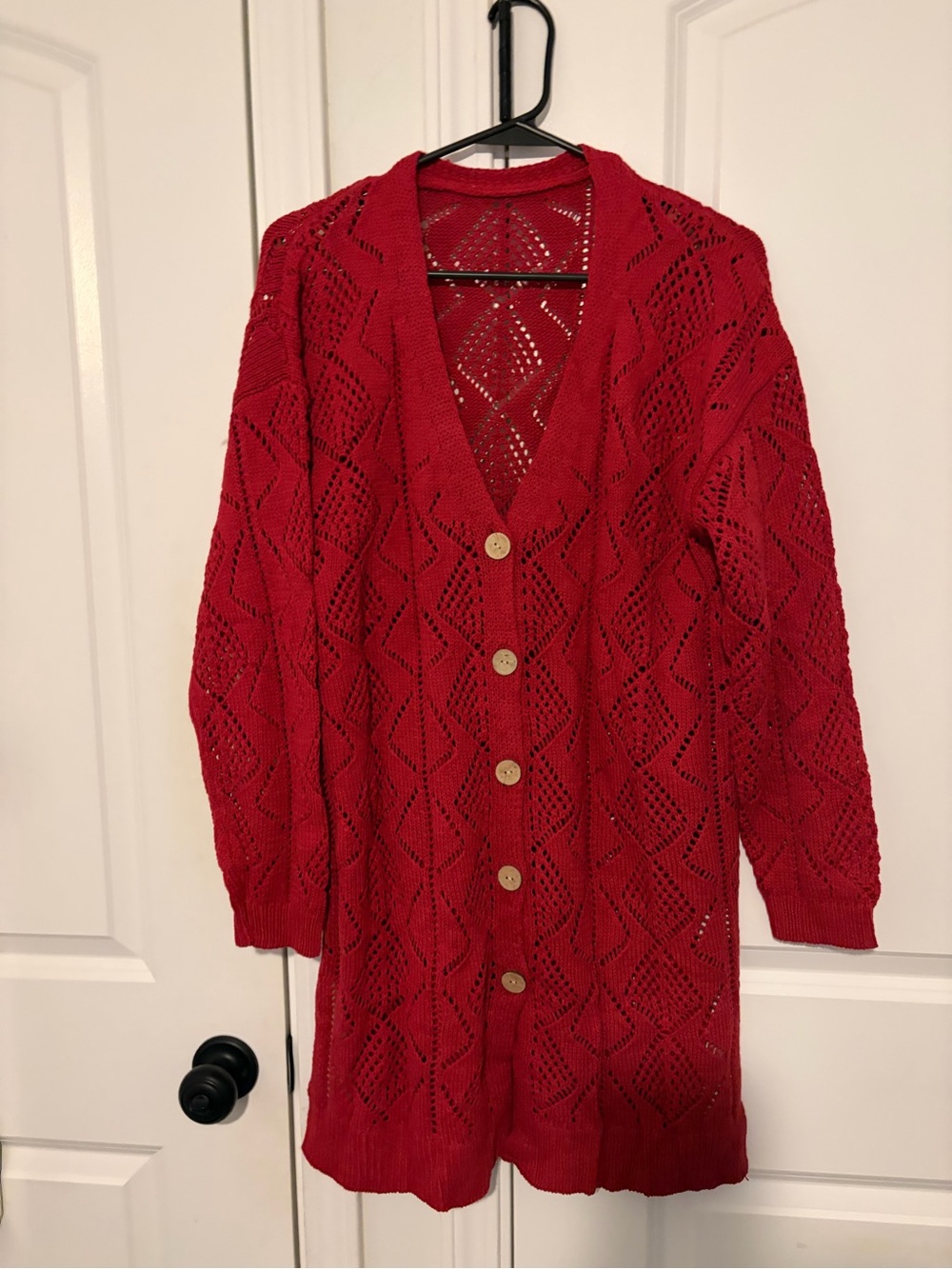 Women's Red Open-Knit Button-Front Cardigan Sweater